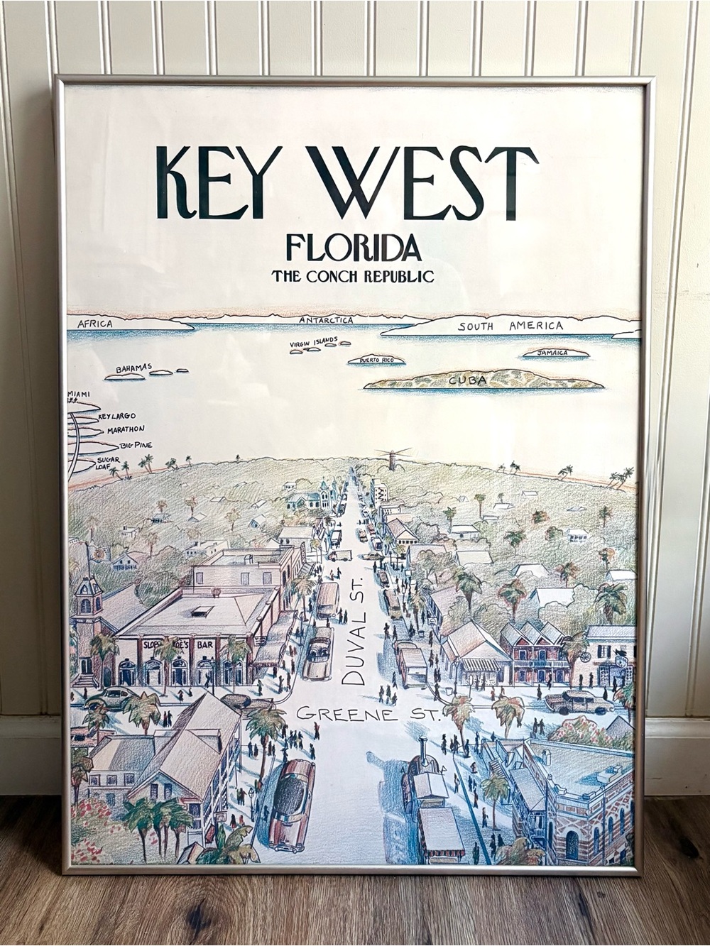 Vintage Saul Steinberg Key West Florida Framed Art Print View of The World VTG